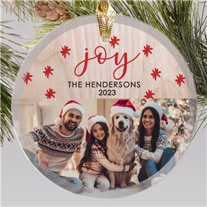 Personalized Joy Wood Background Round Glass Christmas Ornament by Gifts For You Now