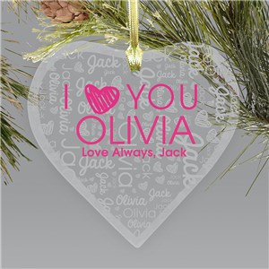 Personalized I Love You Word Art Glass Heart Christmas Ornament by Gifts For You Now