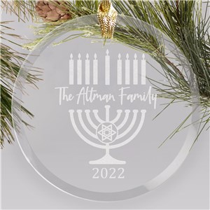 Personalized Engraved Menorah Round Glass Christmas Ornament by Gifts For You Now