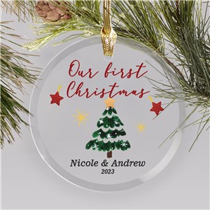 Personalized Our First Christmas with Tree Round Glass Christmas Ornament by Gifts For You Now