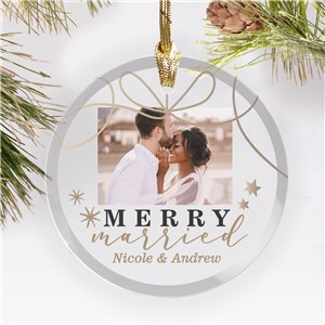 Personalized Merry Married Photo Round Glass Christmas Ornament - Gold - Large by Gifts For You Now