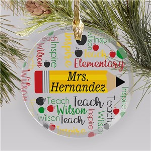 Personalized Teacher Pencil Word Art Round Glass Christmas Ornament by Gifts For You Now