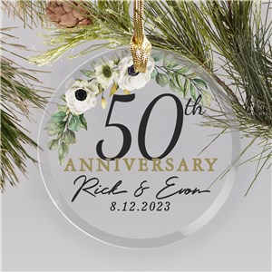 Personalized Anniversary Floral Round Glass Christmas Ornament by Gifts For You Now