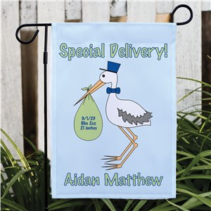 Personalized Special Delivery Baby Boy Announcement Garden Flag by Gifts For You Now