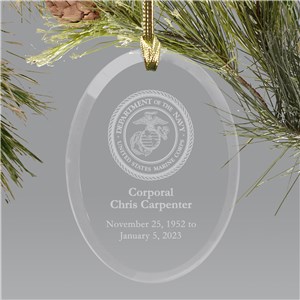 Personalized U.S. Marines Memorial Engraved Christmas Ornament Oval Glass by Gifts For You Now