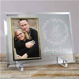 Personalized Engraved Initial With Wreath Anniversary Gold Trim Beveled Glass Frame by Gifts For You Now