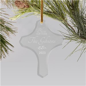 Personalized Engraved Bless Our Home Glass Cross Holiday Christmas Ornament by Gifts For You Now