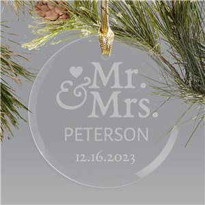 Engraved Mr. & Mrs. Round Glass Personalized Wedding Christmas Ornament by Gifts For You Now