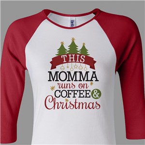 Personalized Runs On Coffee And Christmas Women's Raglan Shirt - White With Navy Sleeves - X-Large (Sizes 10-14) by Gifts For You Now