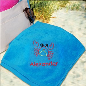 Personalized Embroidered Crab Blue Beach Towel by Gifts For You Now