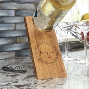 Image of Engraved Family Name Wreath Wooden Wine Bottle Balancer