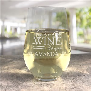 Personalized Engraved Time to Wine Down Contemporary Stemless Wine Glass by Gifts For You Now