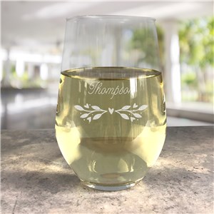 Personalized Engraved Partial Wreath with Family Name Contemporary Stemless Wine Glass by Gifts For You Now