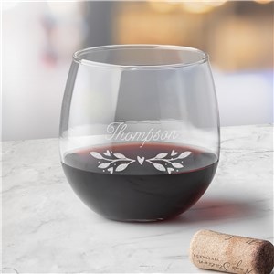 Personalized Engraved Partial Wreath with Family Name Stemless Red Wine Glass by Gifts For You Now