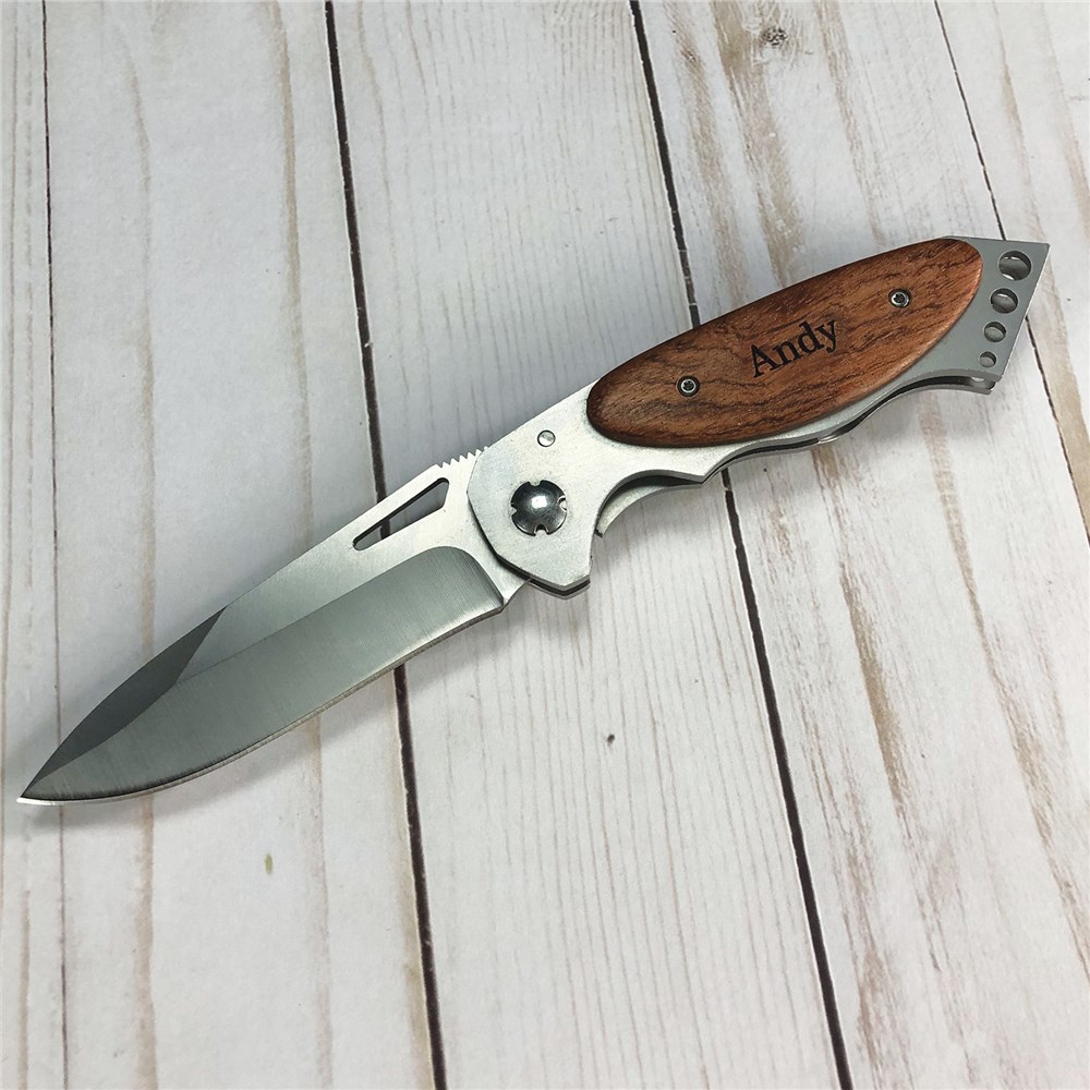 Engraved Wood Handle Pocket Knife Lxxx274