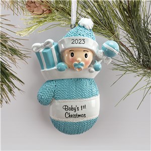 Personalized Blue Mitten Baby Holiday Christmas Ornament by Gifts For You Now