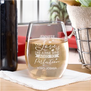 Our Love Is Like A Fine Wine Personalized Stemless Wine Glass by Gifts For You Now