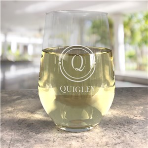 Personalized Engraved Circle Initial Contemporary Stemless Wine Glass by Gifts For You Now