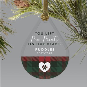 Personalized Plaid Paw Prints On Our Hearts Tear Drop Christmas Ornament by Gifts For You Now