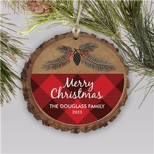 Personalized Farmhouse Plaid Wood Christmas Ornament by Gifts For You Now