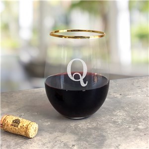 Personalized Engraved Initial Gold Rim Stemless Wine Glass by Gifts For You Now