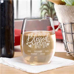 Personalized Engraved Blessed Mama Stemless Wine Glass by Gifts For You Now