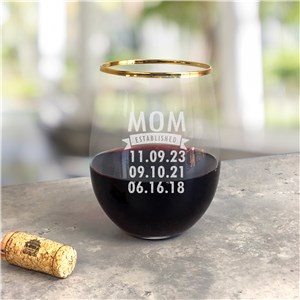 Personalized Engraved Mom Established Gold Rim Stemless Wine Glass by Gifts For You Now
