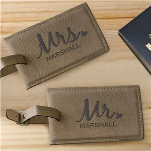 Image of Engraved Mr. Mrs. Leather Luggage Tag Set