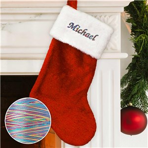 Personalized Embroidered Red Plush Christmas Stocking with Rainbow Thread by Gifts For You Now