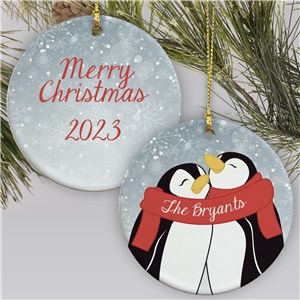 Personalized Penguin Couple Merry Christmas Ceramic Holiday Christmas Ornament by Gifts For You Now