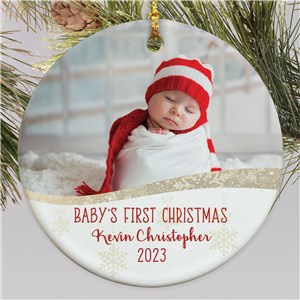 Personalized Baby's First Christmas White Snowflake Photo Christmas Ornament by Gifts For You Now