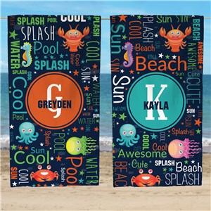Personalized Sea Creature Word Art Sand-Free Beach Towel by Gifts For You Now