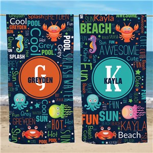 Personalized Sea Creature Word Art Beach Towel by Gifts For You Now