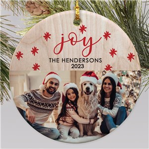 Personalized Joy Wood Background Round Christmas Ornament by Gifts For You Now