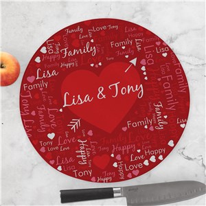 Personalized Heart & Arrow Word Art Round Glass Cutting Board by Gifts For You Now