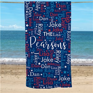 Personalized Red White and Blue Word Art Beach Towel by Gifts For You Now