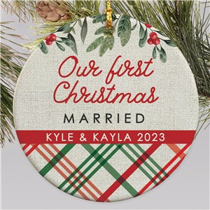 Personalized Our First Christmas Plaid Round Christmas Ornament by Gifts For You Now