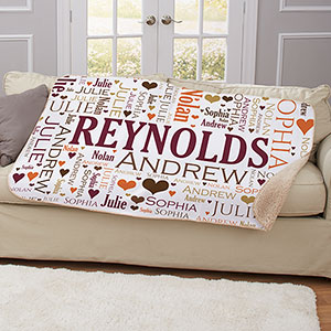 Wrap yourself with love when you use this Personalized Family Word-Art Sherpa Blanket. .This unique blanket will be personalized to your family using our exclusive word art tool. Put family member's names in to create a design that is completely unique and customized to your home - you choose the color scheme#44; names and even icons. The Word-Art design will run off of the edge of the blanket. Our personalized blankets make for excellent house warming gifts for any family. If you would like to see another rendition of your word art design simply select the View Your Personalization button again. This will automatically create another version for review.