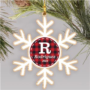 Personalized Plaid Initial Snowflake Wood Christmas Ornament by Gifts For You Now