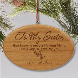 Personalized Engraved Sister Wooden Oval Holiday Christmas Ornament by Gifts For You Now
