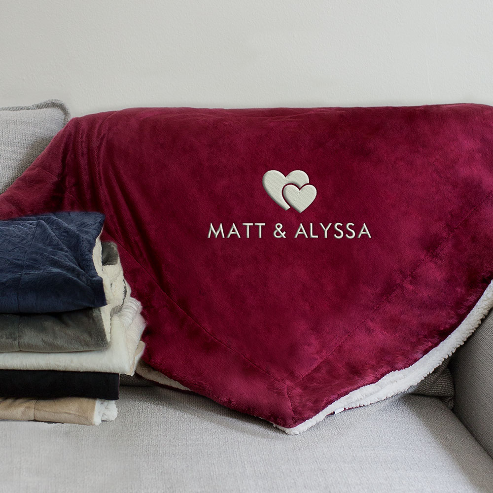 Double Heart Embroidered Sherpa Blanket | Personalized Valentines Gifts