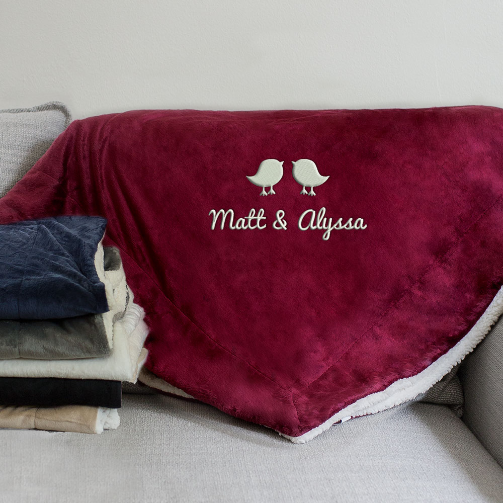 Embroidered Couples Birds Sherpa Blanket | Personalized Couples Gifts