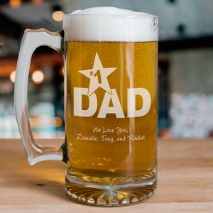 Father's Day is a special day. Let your Dad know how special he is to you by presenting him with this Personalized glass mug for Father's Day. Our Personalized Father's Day Gifts like this bar gift is a Large#44; High Quality#44; glass mug with a heavy base and strong handle to support large beverages. Each Personalized glass mug holds 25 oz. Personalized Father's Day Gifts and Barware include FREE Personalization Personalize your Dad glass mug with any title and any two line custom message.