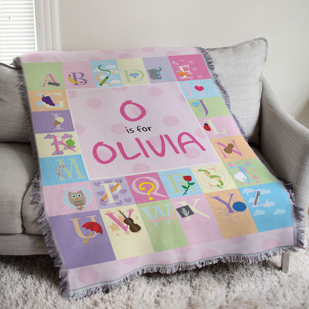 Personalized Pink Alphabet Tapestry Throw Blanket | Personalized Baby Gifts