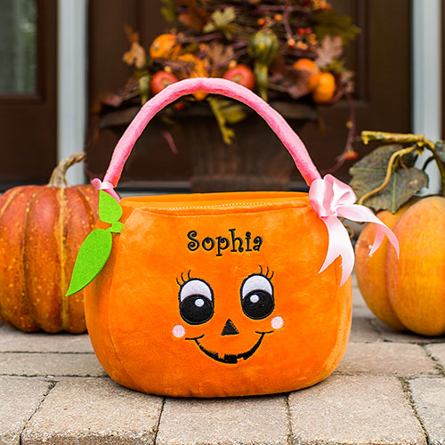 Embroidered Girl Pumpkin Trick or Treat Basket | Personalized Trick Or Treat Bags