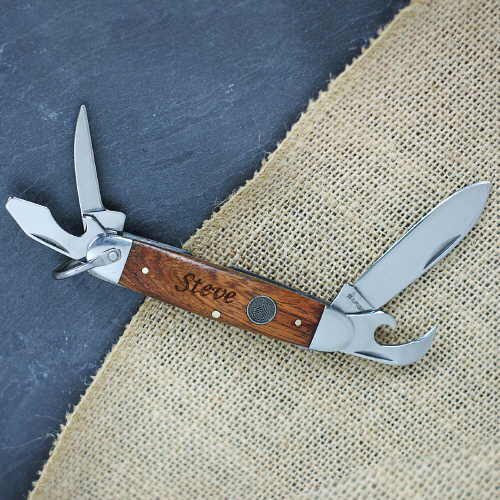 Engraved Brown Wood Camp Knife | Engraved Knives For Groomsmen