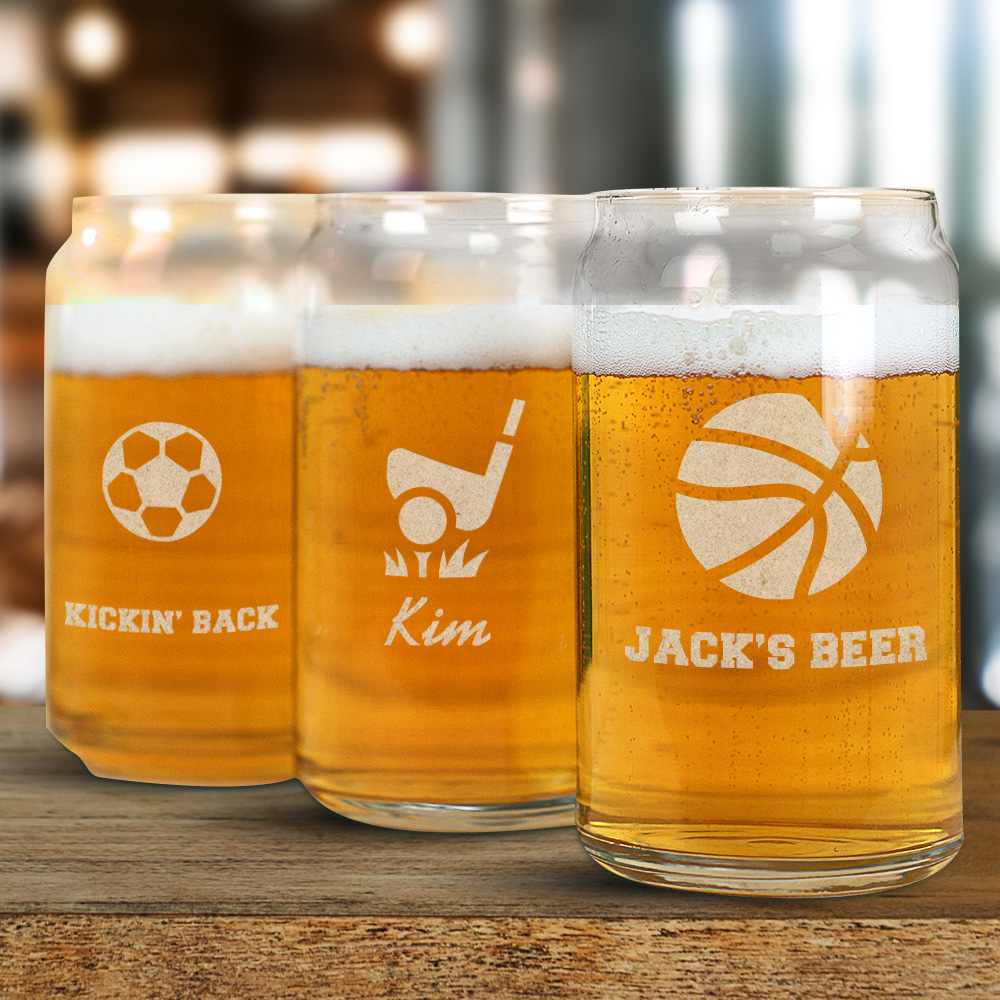 Personalized Message Beer Can Glass Engraved Sports Icon