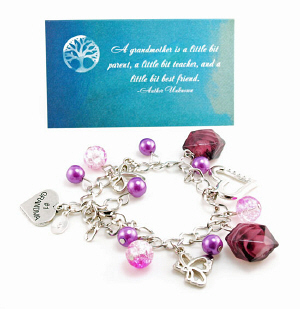 This bracelet features imitation rhodium-finished steel with lampworked glass/acrylic#44; purple beads in assorted sizes and shapes. The bracelet measures 7 with a lobster claw clasp and a 2? extender chain. Also included is a single pewter #1 Grandma Charm and a tag that may be hand stamped with any initial. Free personalization is included. Each bracelet includes a folded gift card that reads: ?A grandmother is a little bit parent#44; a little bit teacher#44; and a little bit friend. The inside of the card is blank to write your own special message. When folded#44; the card measures 3.5? x 2?