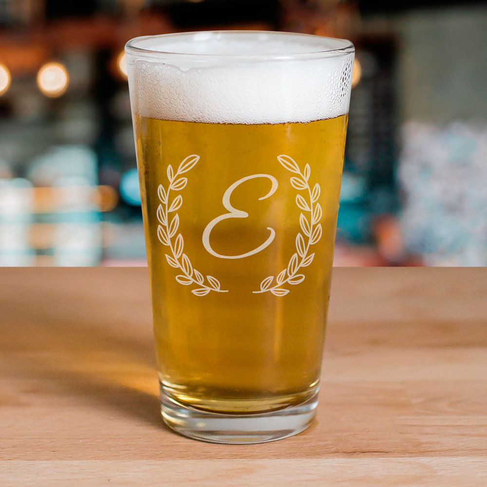 Engraved Initial Laurel Wreath Beer Glass GiftsForYouNow