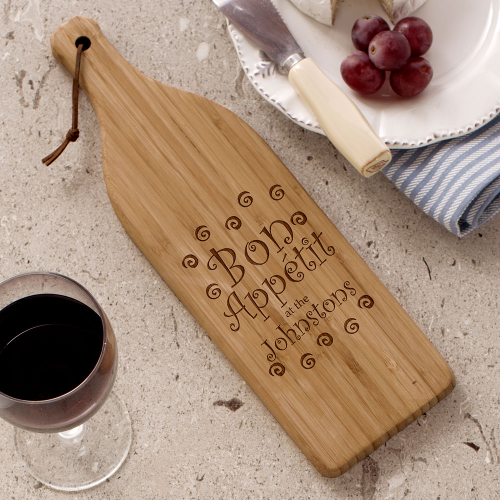 Engraved Bon Appetit Wine Bottle Shaped Board | Personalized Cutting Boards